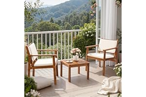 Flamaker Patio Chairs 3 Piece Acacia Wood Patio Furniture with Coffee Table & Cushions Outdoor Conversation Set Balcony Chairs for Porch, Deck, Backyard