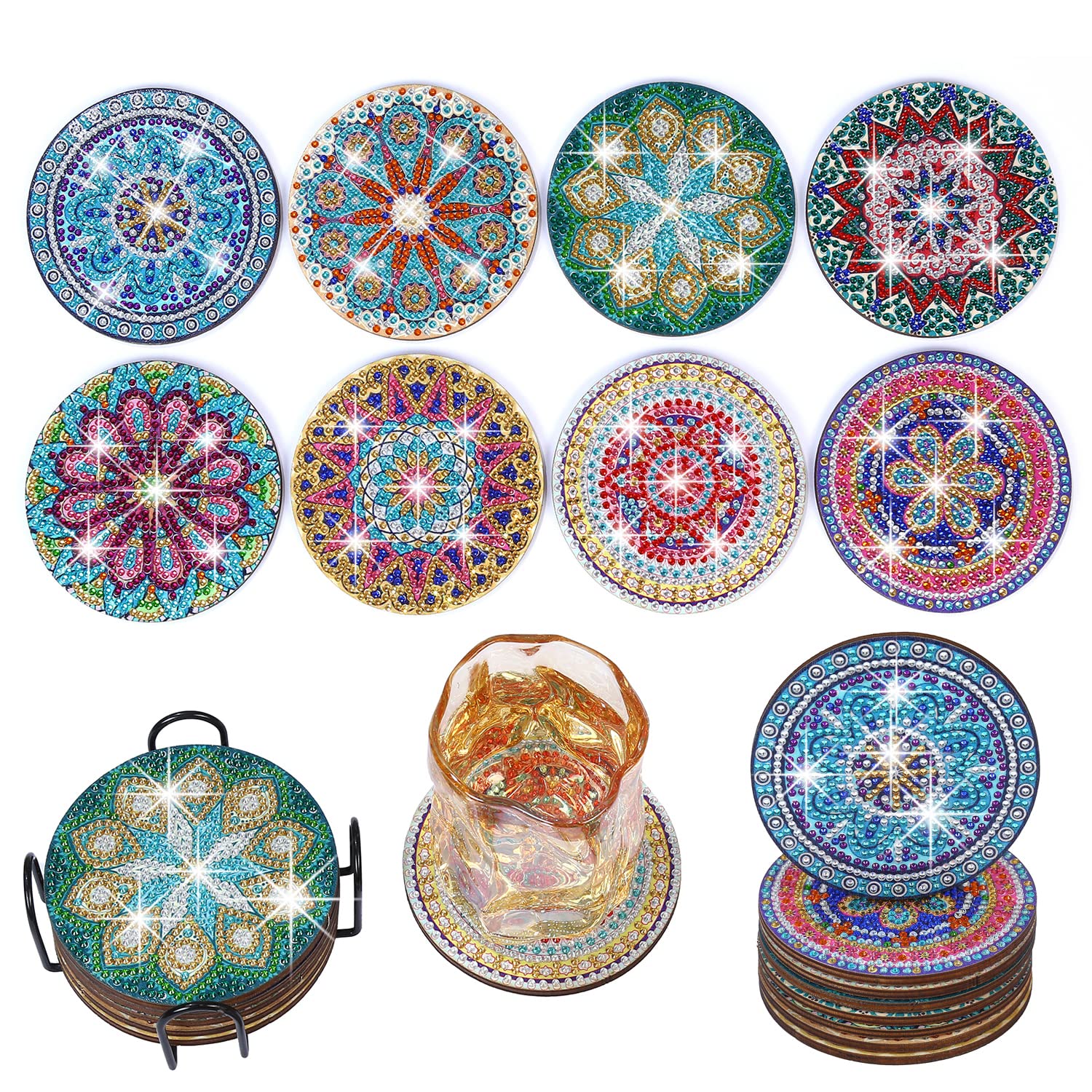 Diamond Painting Coasters with Holder, 8pcs Mandala Diamond Painting Coaster Kits, DIY Diamond Art Crafts for Adults, Small Diamond Painting Kits Accessories.