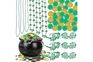 Zcaukya 213 PCS St. Patrick's Day Party Supplies Set, Include 7.9" Cauldron Pot + 200 Plastic Coins (Green & Golden) + 6 Shamrock Glasses + 6 Necklaces (Shamrock & Beads) for Parade Costume Decoration
