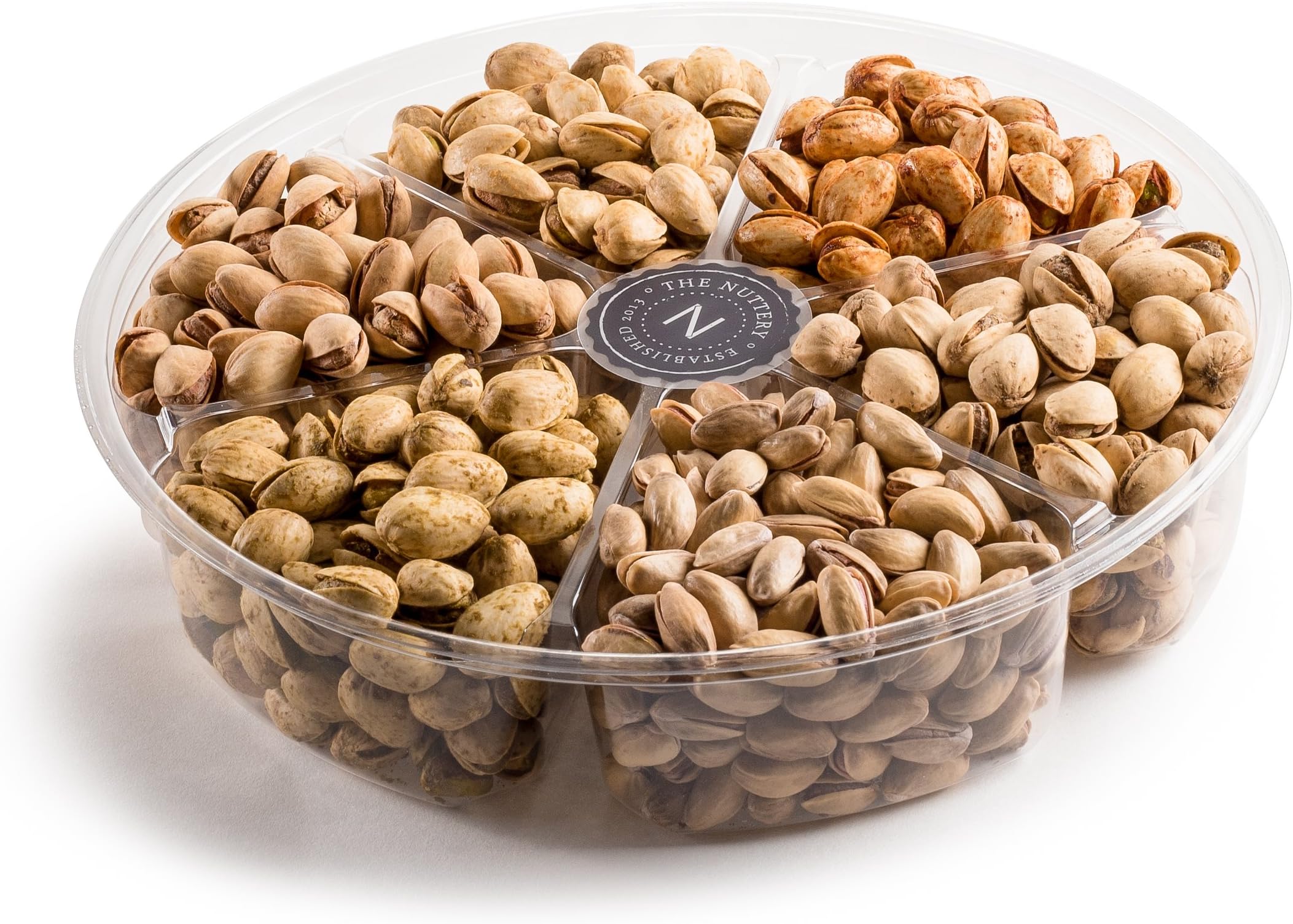 The Nuttery Assorted Pistachios Gift Tray in 6 Flavors: Turkish, Jalapeno, Onion Garlic, Salt & Pepper, Chile, and Roasted & Salted Pistachio Nuts