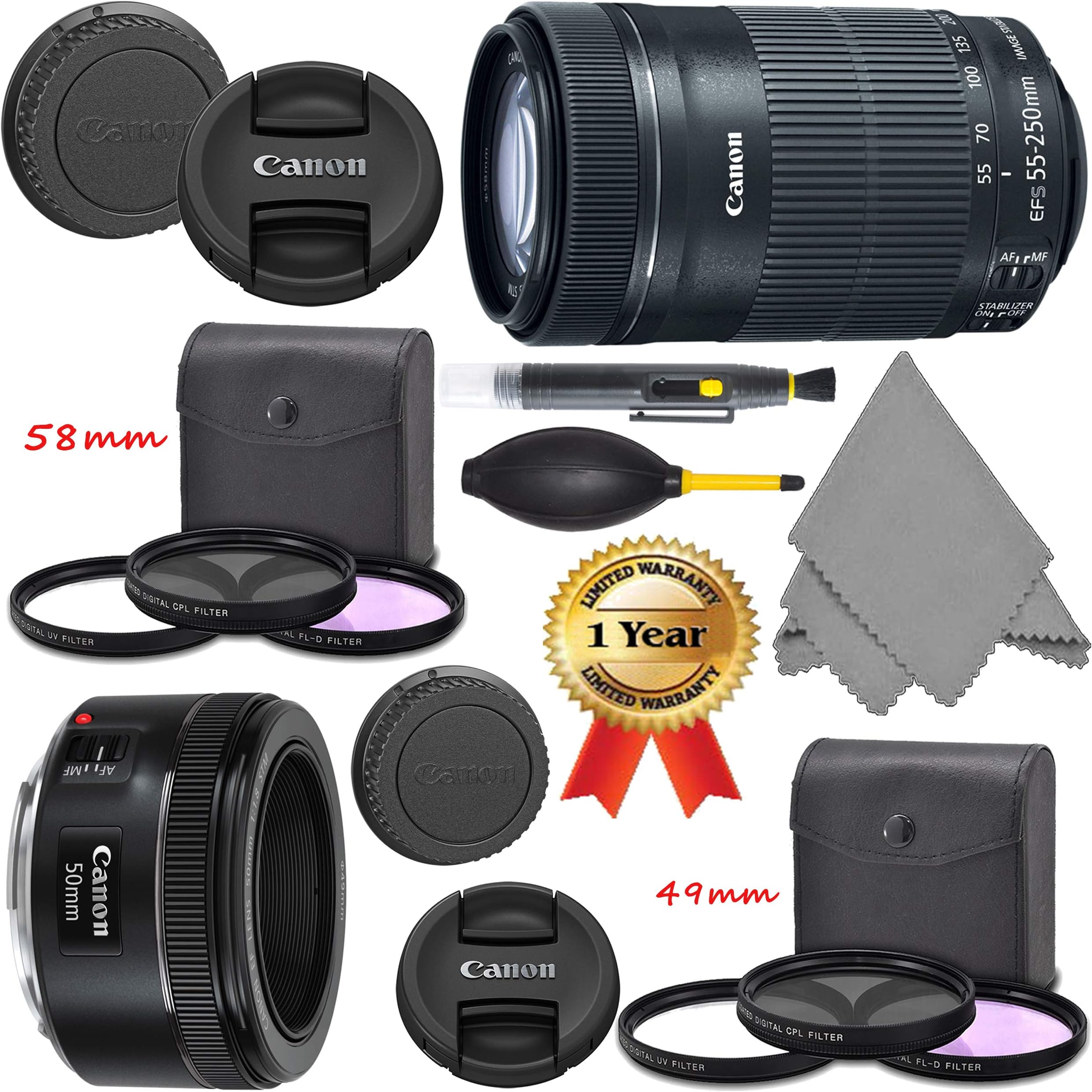 Canon EF 50mm f/1.8 STM Lens (0570C002) + EF-S 55-250mm f/4-5.6 I.S. STM Lens (8546B002) + AOM Pro Kit - International Version (1 Year AOM Warranty)