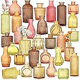 Colored Glass Vases Bulk 32 Pcs - Assorted Vintage Bud Vases for Wedding Centerpieces, Rustic Embossed Glass Bottles for Table Decor, Home Floral Arrangements with Gold Series (2-6 Inch)
