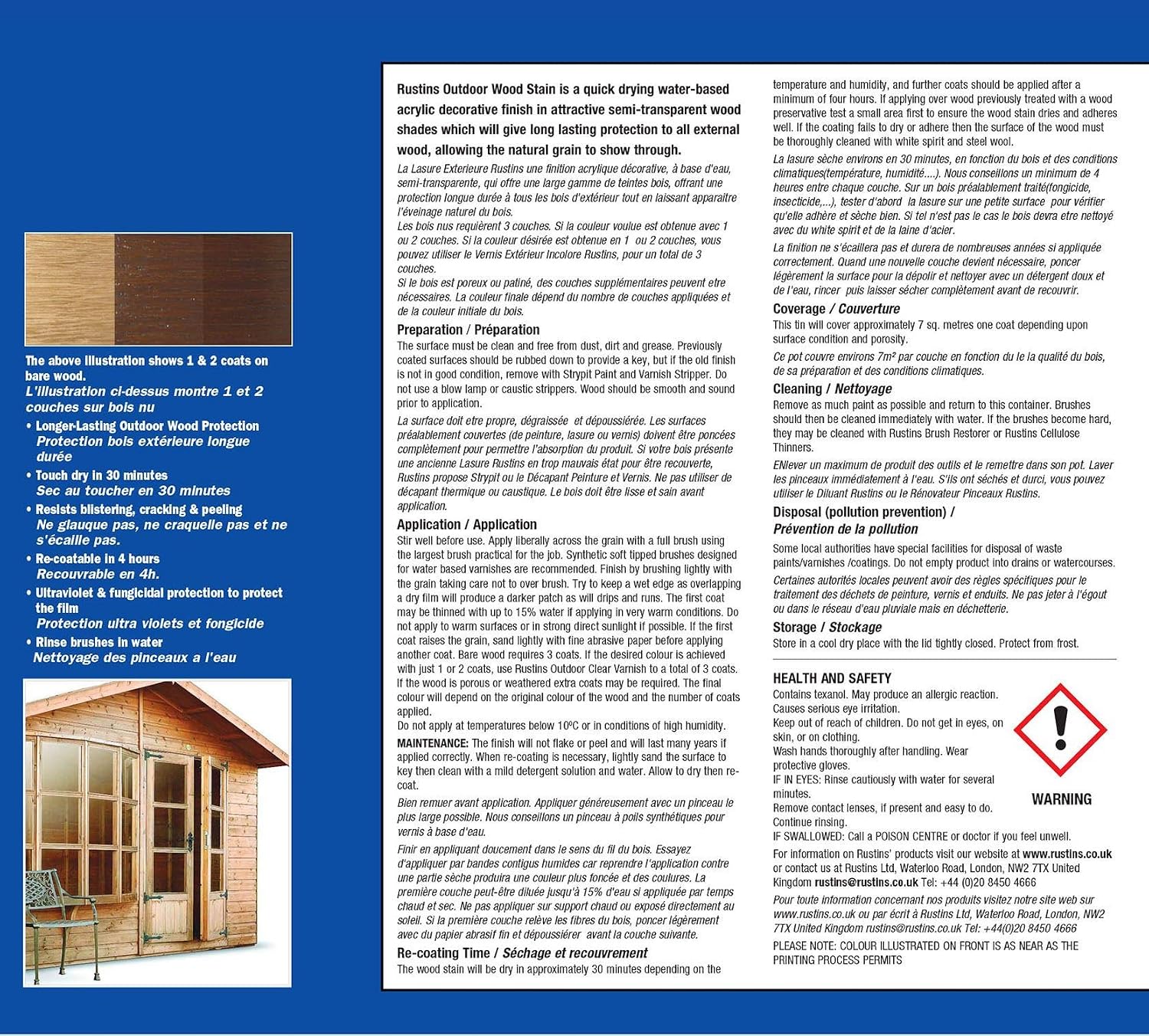 Rustins Quick Dry Outdoor Wood Stain Satin Medium Oak 1ltr- Durable and Weather-Resistant Finish, Fast Drying - Image 3