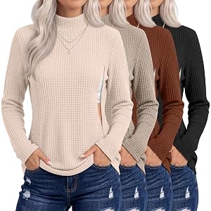 Huukeay 4 Pack Women's Nursing Shirts Maternity Tops | Breastfeeding Tops, Long Sleeve, Mock Neck, Waffle, Postpartum Clothes