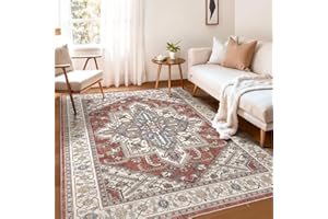 WITSHOCK Boho Area Rugs Machine Washable for Living Room Bedroom, Large 5x7 Vintage Non-Slip Stain Resistant Floor Carpet Indoor for Kitchen Dining Room Office Home Decor, Rust/Lvory