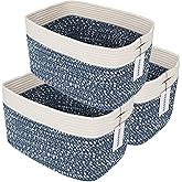 XUANGUO White and Blue Cotton Rope storage Basket Bins Woven Basket for Organizing Shelves 15X10X9.3“ Rectangle Decorative Baskets For storage Books Towels Wicker Nursery basket organizer Set of 3