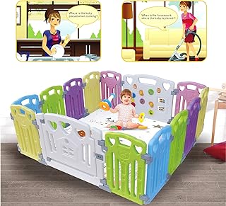 Laufgitter Laufstall Baby Absperrgitter Krabbelgitter Schutzgitter für Kinder aus Kunststoff mit Tür und Spielzeugboard (Klassisch-Set 14-Paneele)