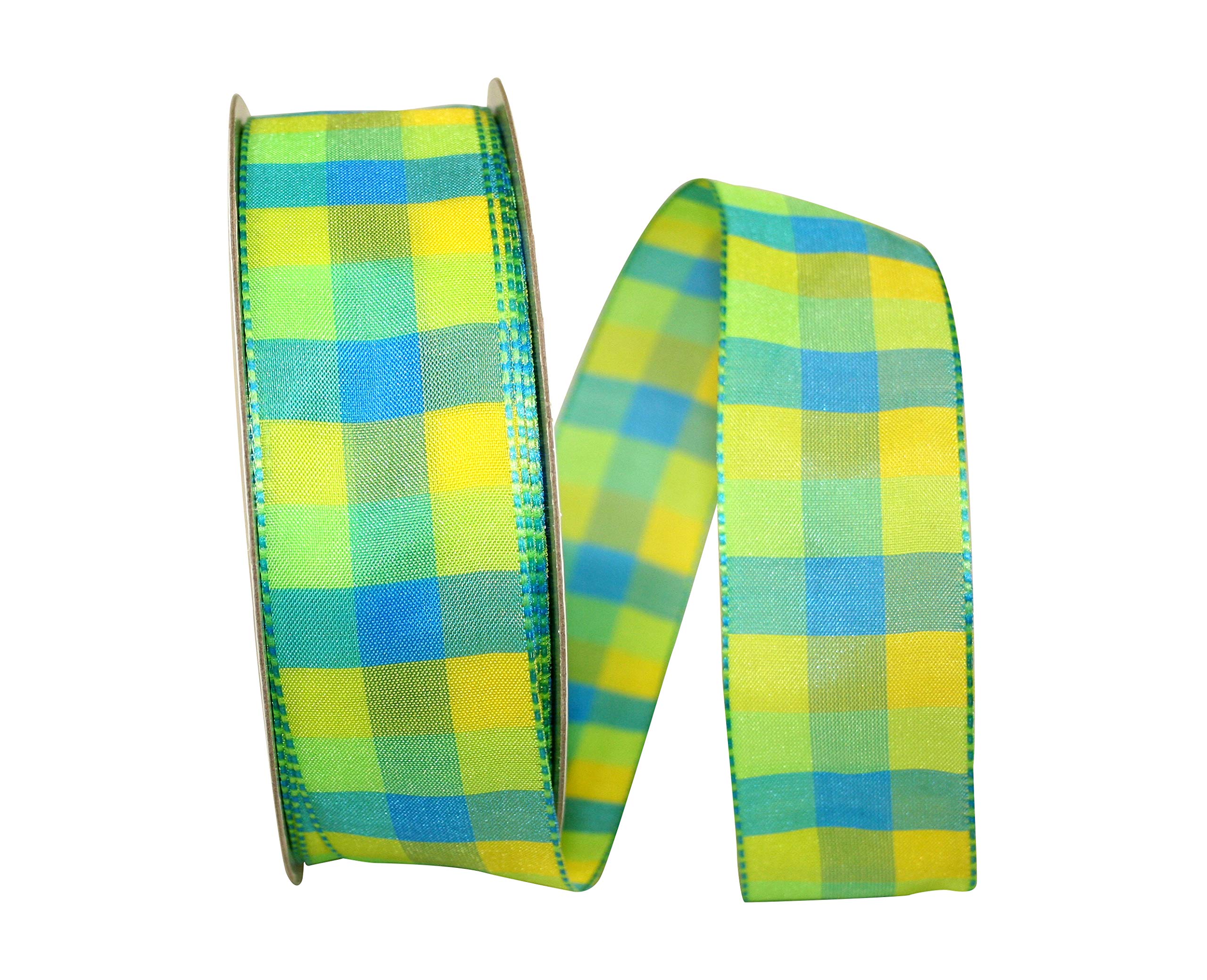 Reliant Ribbon Plaid Bright 3 Value Wired Edge Ribbon, 1-1/2 Inch X 50 Yards, Blue/green