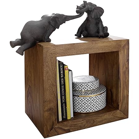 FineBuy Standregal Massivholz Sheesham 44 cm hoch Cube Regal Design Holzregal Natur-Produkt Beistelltisch Landhaus-Stil dunke