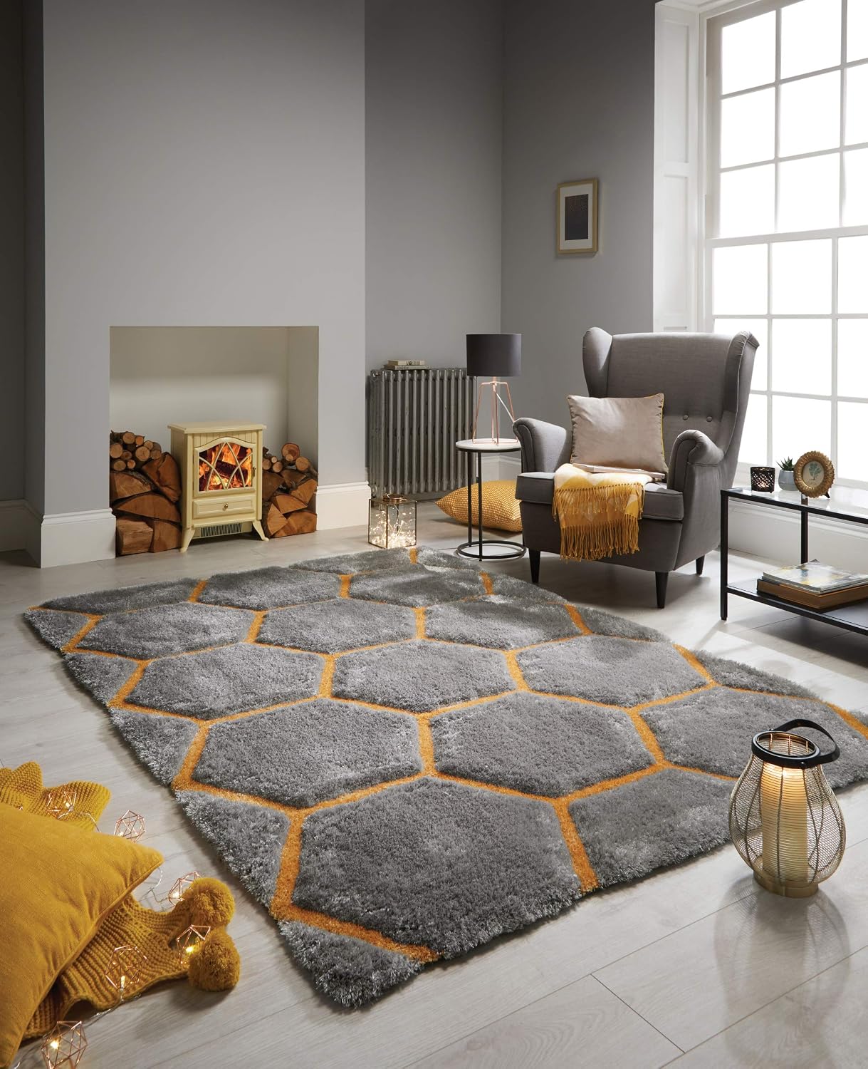 Lord of Rugs Hand Tufted Shaggy Rug Bedroom Living Room 3D Geometric Soft Silky Shiny Rug Ochre Medium 120x170 cm (4'x5'6")
