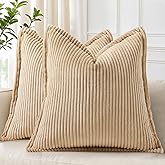 decorUhome Spring Corduroy Light Brown Throw Pillow Covers 20x20 Set of 2 Decorative Soft Boho Farmhouse Couch Pillow Covers for Living Room Bed Sofa Broadside Striped Pillow Cases