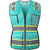 HATAUNKI High Visibility Reflection Peacock Mesh Safety Vests with 9 Pockets and Front Zipper, hi vis safety vest for Women, Meets ANSI/ISEA Standards(Peacock-16,M)