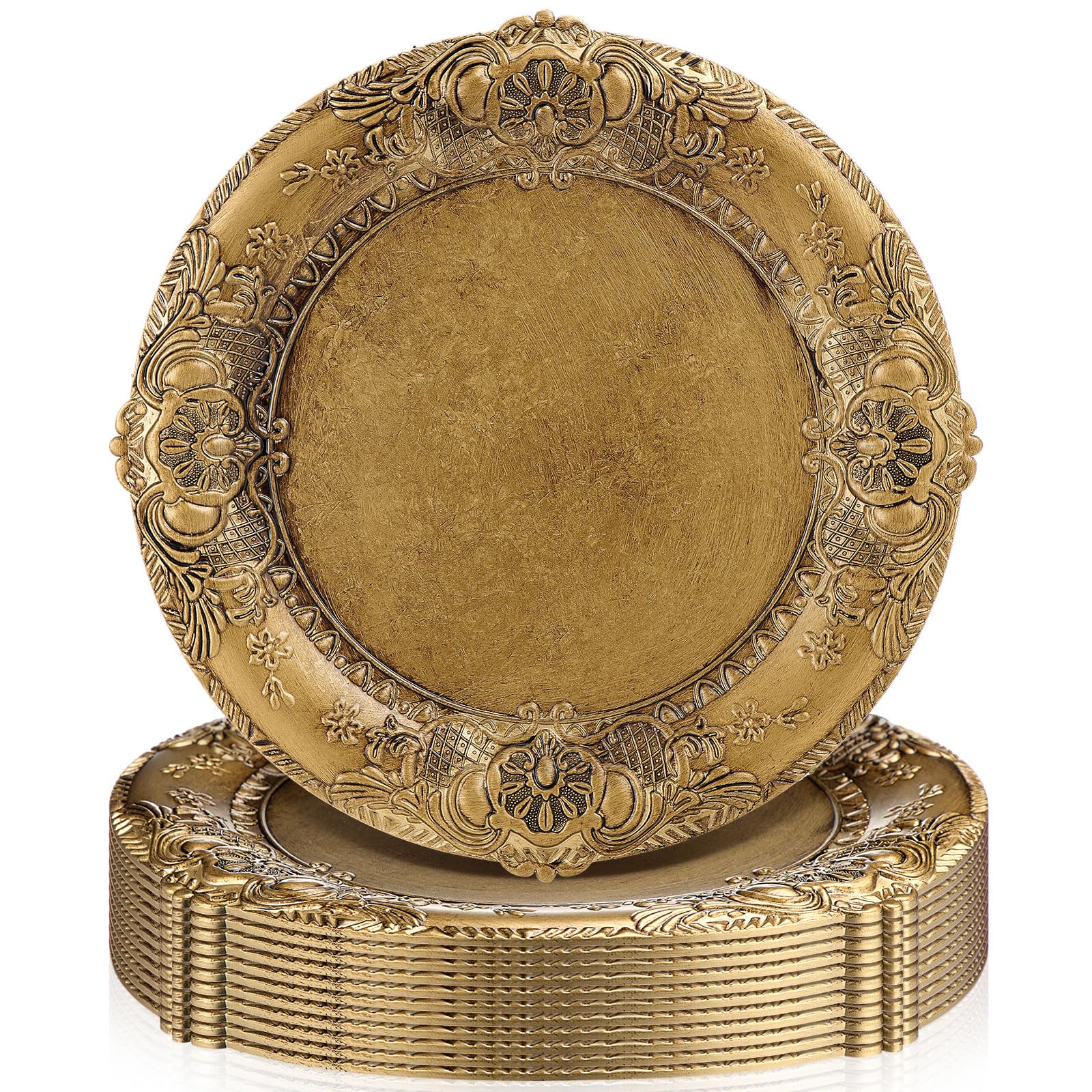 Photo 1 of Mifoci Antique Gold Charger Plates Set of Plastic Gold Chargers for Dinner Plates Decorative 13" Round Plate Bulk with Embossed Rim for Dinner, Party, Wedding(12 Pcs)