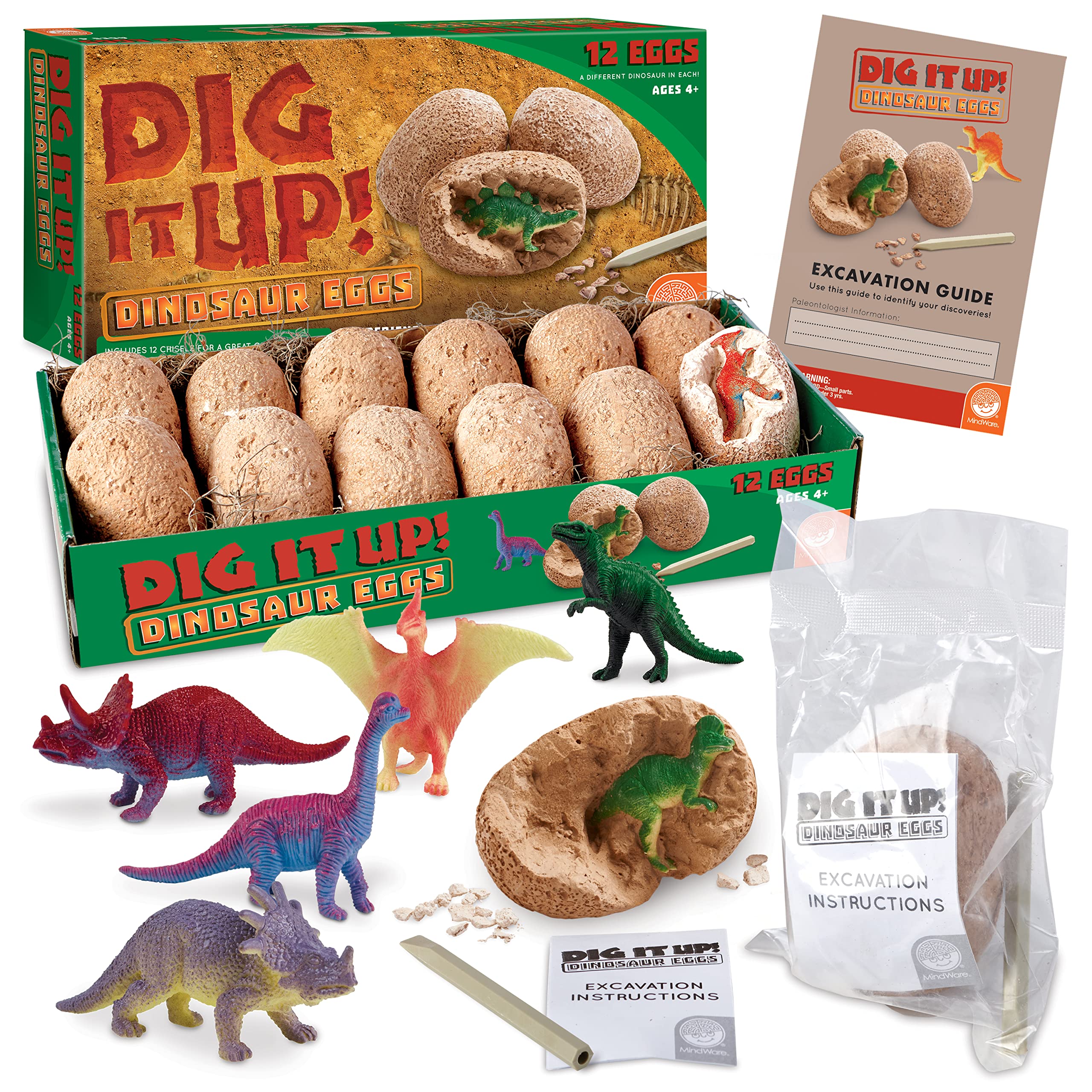 MindWare Dig It Up! Dinosaur Eggs Excavation Set for Kids - Kit Includes 12 Dino Filed Clay eggs, 12 chisels tools, Instructions and guidebook - 4 and up