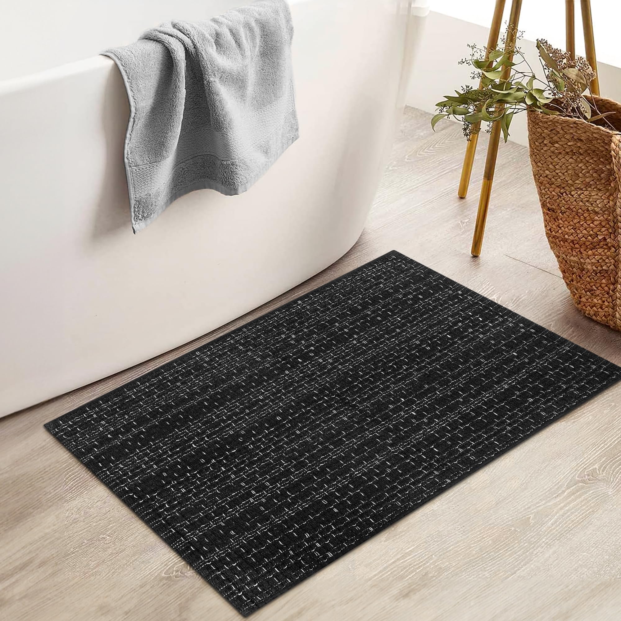 Photo 1 of Nailttos Boho Bathroom Rugs, 2' x 3' Hand Woven Cotton Entryway Rug, Cotton Reversible Washable Farmhouse Black Rug Front Door Mat Floor Carpet for Entrance Bedroom Kitchen Bathroom