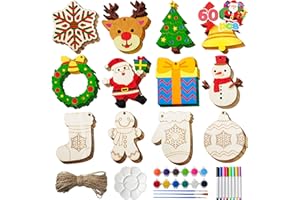 JOYIN 60 Pcs Christmas Wooden Hanging Ornaments Craft Kits, Unfinished Blank Wood Ornaments to Paint for Kids, Xmas Arts Crafts Bulk, DIY Decorations Coloring Making Set School Activities(Age 8+)