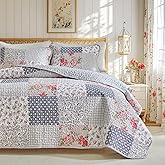 Joyreap Floral Cotton Quilt Set, Neutral Flowers Grid Patchwork Design, 3 Pieces Queen Size Quilt Bedding Set, Farmhouse Countryside Bedspread Bed Cover for All Season- 90x90 inches