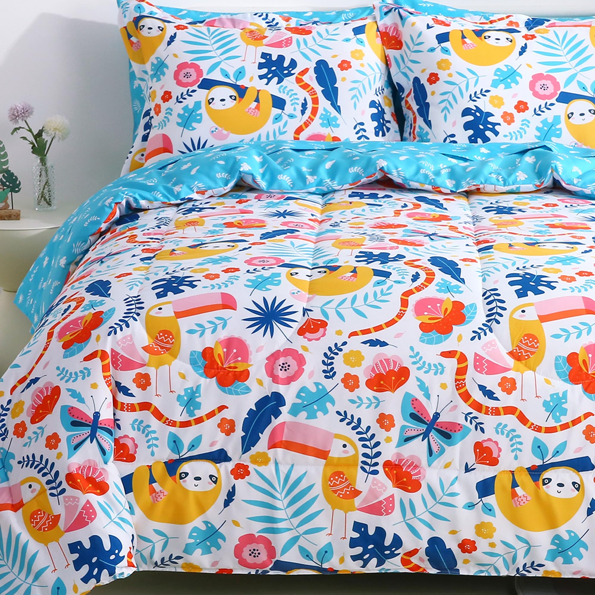 Viviland Kids Full Bedding Sets for Girls, Boys Soft Full Comforter Set with Sheets, 7 Pieces Microfiber Bed in a Bag, Sloth Rainforest Image
