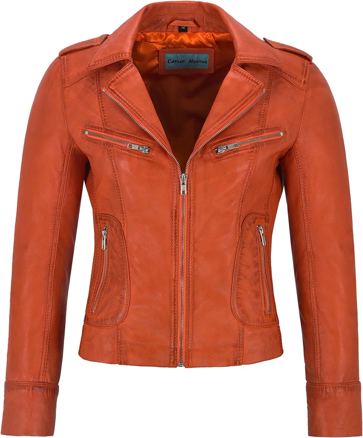 Rider Ladies Leather Jacket Orange Biker Motorcycle Style Soft Real