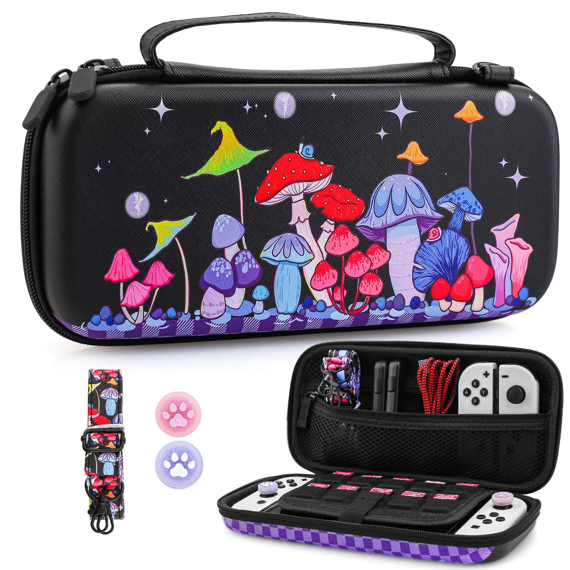 PAWDIARY Mushroom Carrying Case for Nintendo Switch & Switch OLED Console, Black Switch NS/OLED Travel Bag Storage Pouch with Shoulder Strap and 2 Thumb Caps for Nintendo Switch Accessories