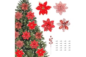 ZIJIN 36 Pcs Poinsettia Flowers Artificial with Clips and Berry Stems Christmas Flowers Glitter Ornaments for Christmas Tree Wreath Fireplace Stairs Decorations (Red)