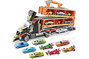 JOYIN Toy Truck for Kids, Race Toy Cars, 60" Extra Long Race Track and 12 Die-Cast Metal Cars, Toddler Carrier Truck Playset 