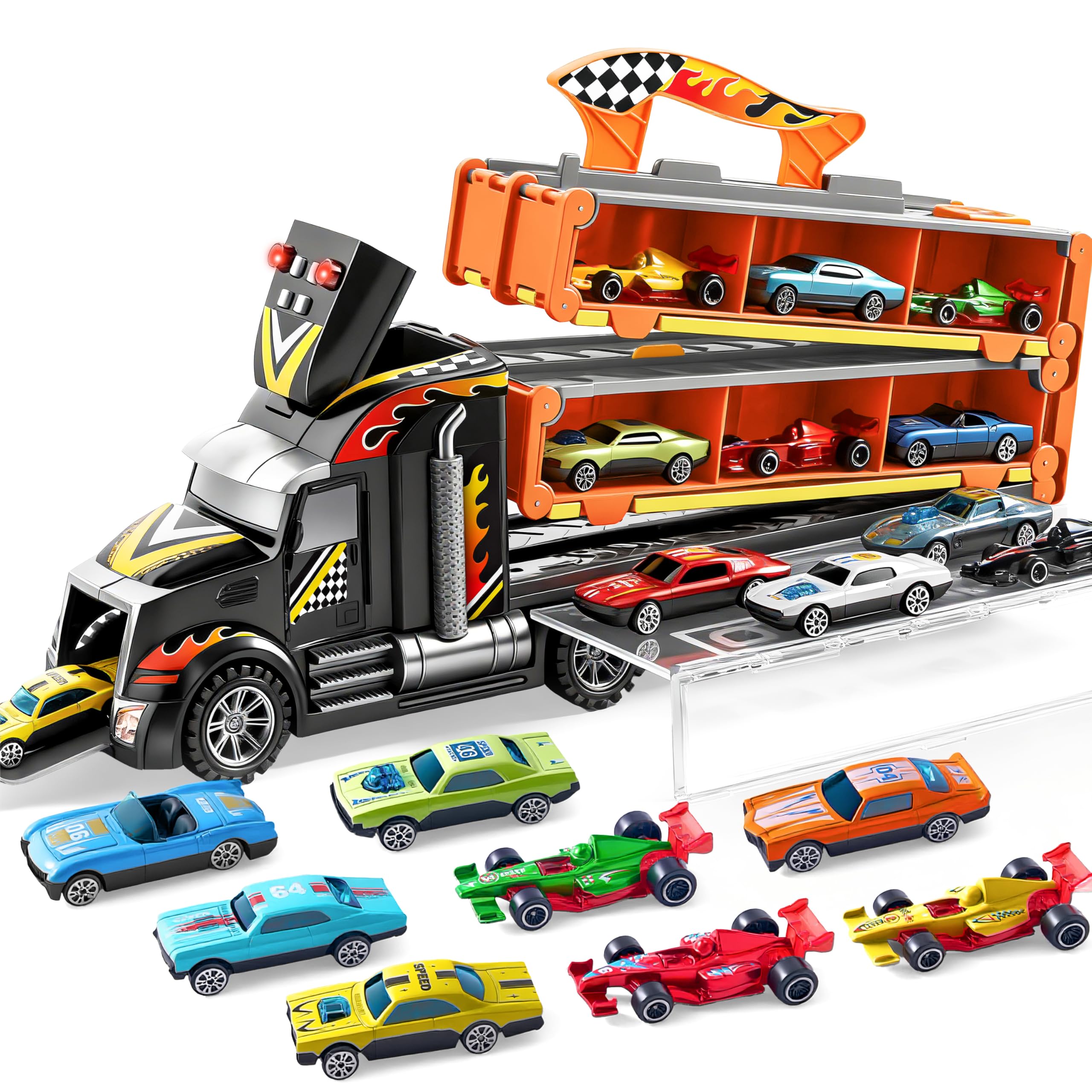 JOYIN Transport Truck Toys Car for 3 4 5 6 Year Old Boys, Foldable Toy Car Track Set with Lights & Sounds, 12 Die-Cast Metal Cars with 2 Launchers, Carrier Truck Gift for Girls Boys Age 3 4 5 6+ — image 1