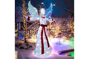 VIKIMORA 5FT Lighted-up Angel Christmas Decoration, 3D Halo Wings Angel Glitter Decor with LED Lights, Holiday Decorate The Yard Garden Lawn Porch