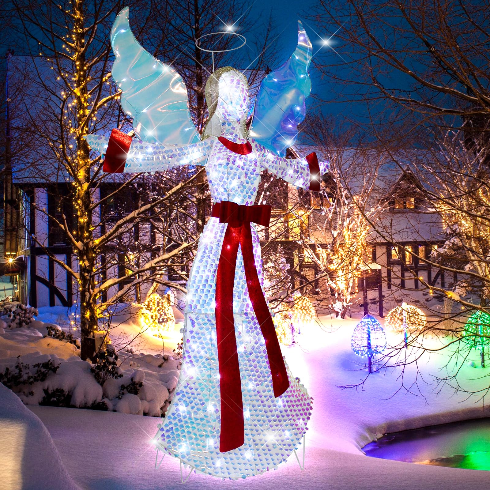 5FT Lighted-up Angel Christmas Decoration, 3D Halo Wings Angel Glitter