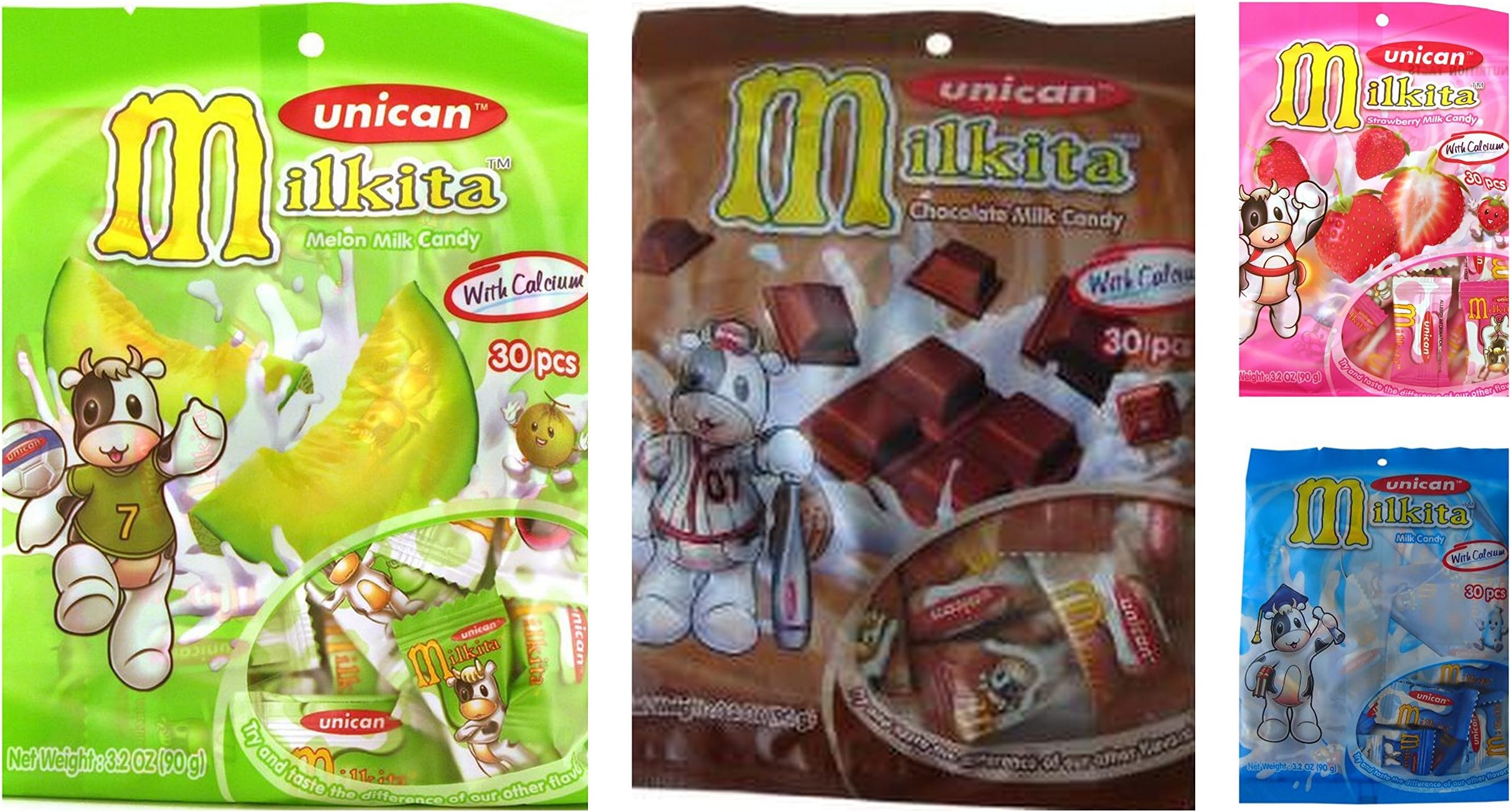 Unican Candy Milkita Variety Bundle, 4.23-Ounce Packages (Pack of 4) includes 1-Bag Chocolate + 1-Bag Vanilla + 1-Bag Melon + 1-Bag Strawberry (TOTAL 120 CANDY PIECES)