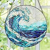 Stained Glass Window Hanging, 8 Inch Ocean Waves Stained Glass Suncatcher, Window Hanging Decor, Beach Decor, Ocean Suncatcher Gift, Beach Lover Gift, Gifts for Couples Friends Family