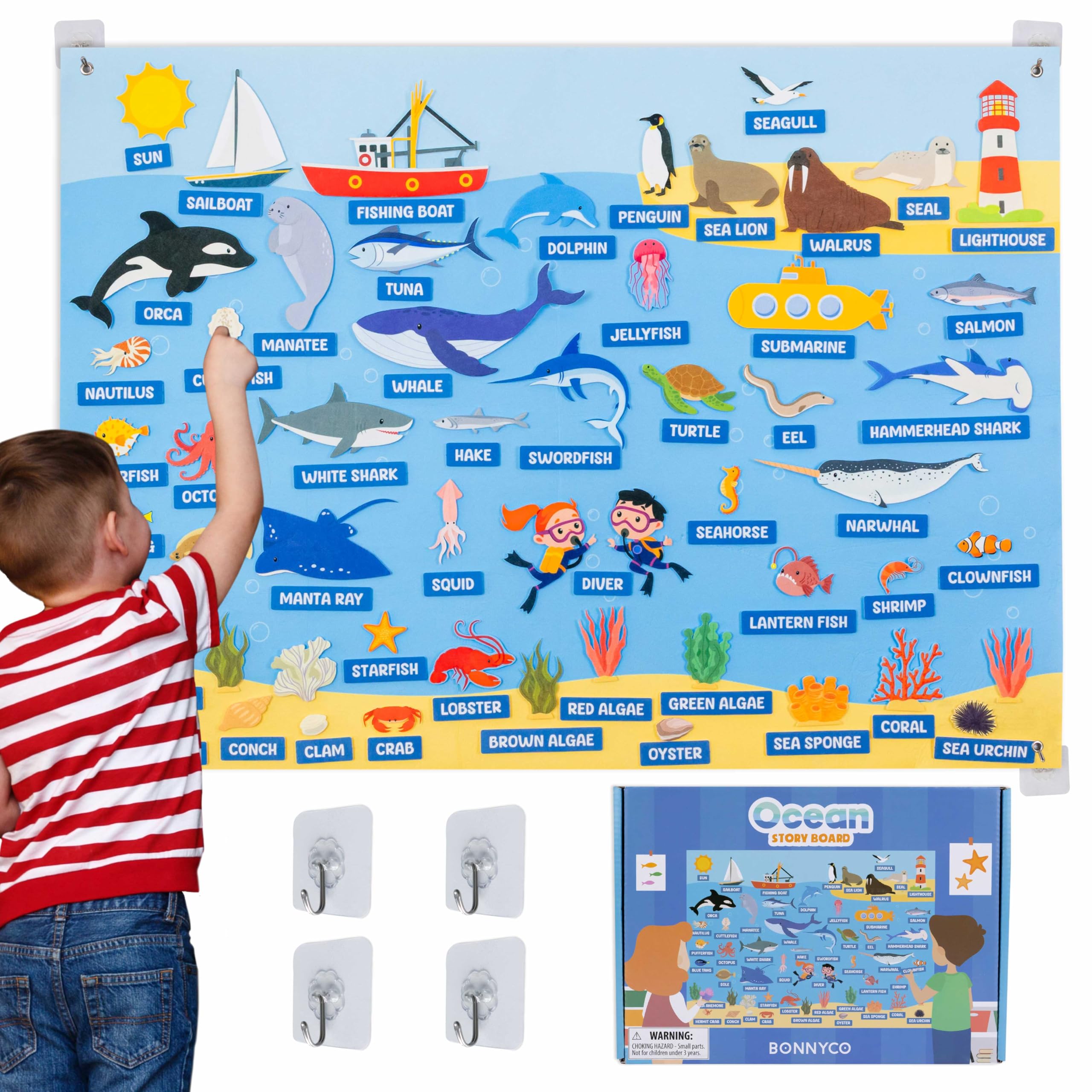 BONNYCO Fuzzy Felt Board with 107 Sea Animals Figures. Montessori Toys and Birthday Gifts for Kids Ages 3 to 8. Autism Sensory Panel, Educational Resources for Children, Christmas