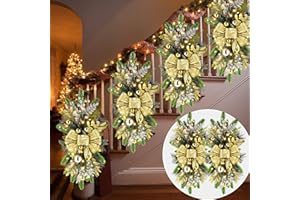 Lyrow 2 Pack Christmas Artificial Swags 24" Xmas The Cordless Prelit Stairway Swag Teardrop Trim Wreath Door Stair Garland Christmas Wreath for Outdoor Home Garden Decor (Gold Ribbon)
