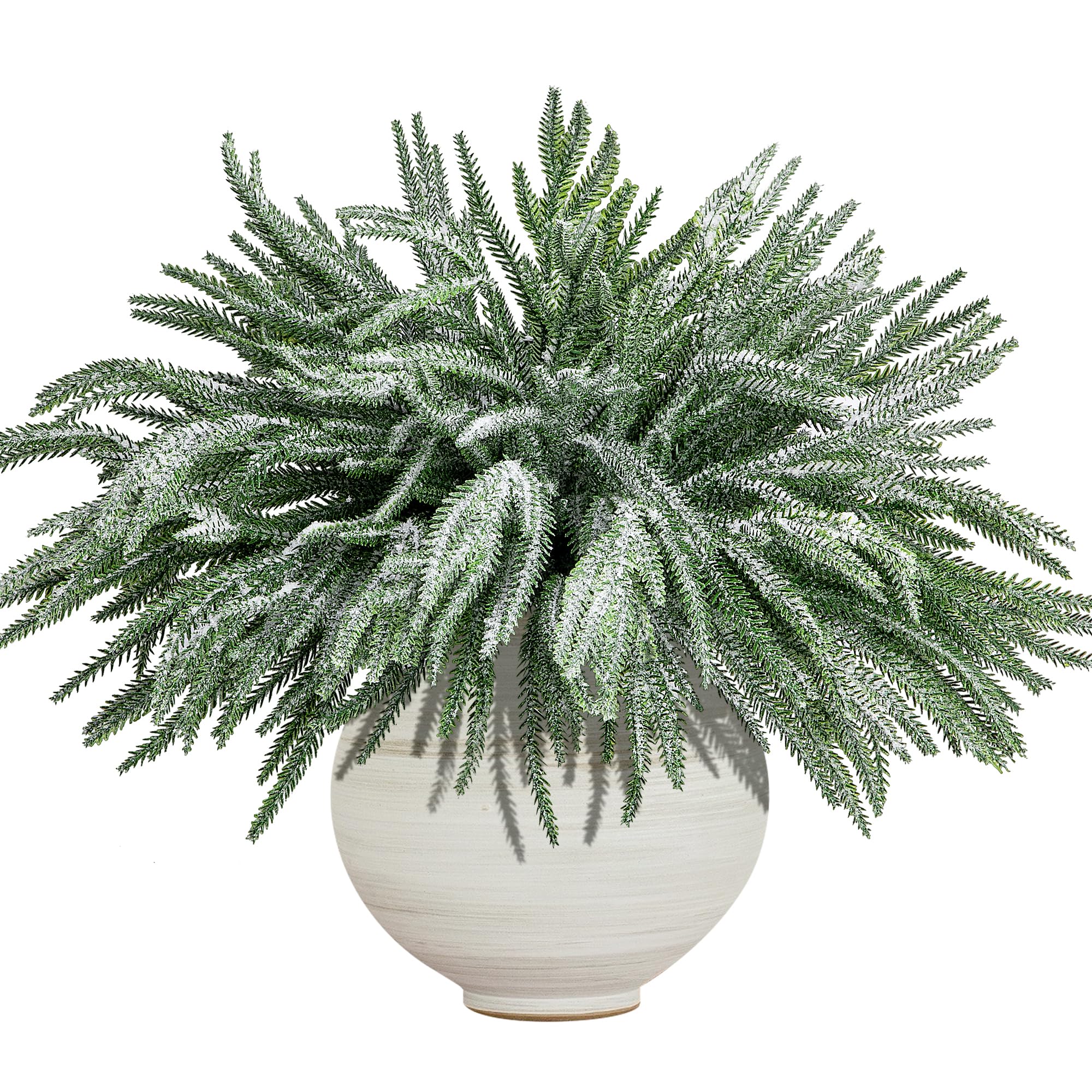 View 1 of 10 Pcs Christmas Snow Norfolk Pine Branches, 18" Snow Flocked Artificial Xmas Branches Pine Tree Needles, White Frosted Fake Greenery Norfolk Pines Stems Sprigs for DIY Craft Garland Home Garden Decor