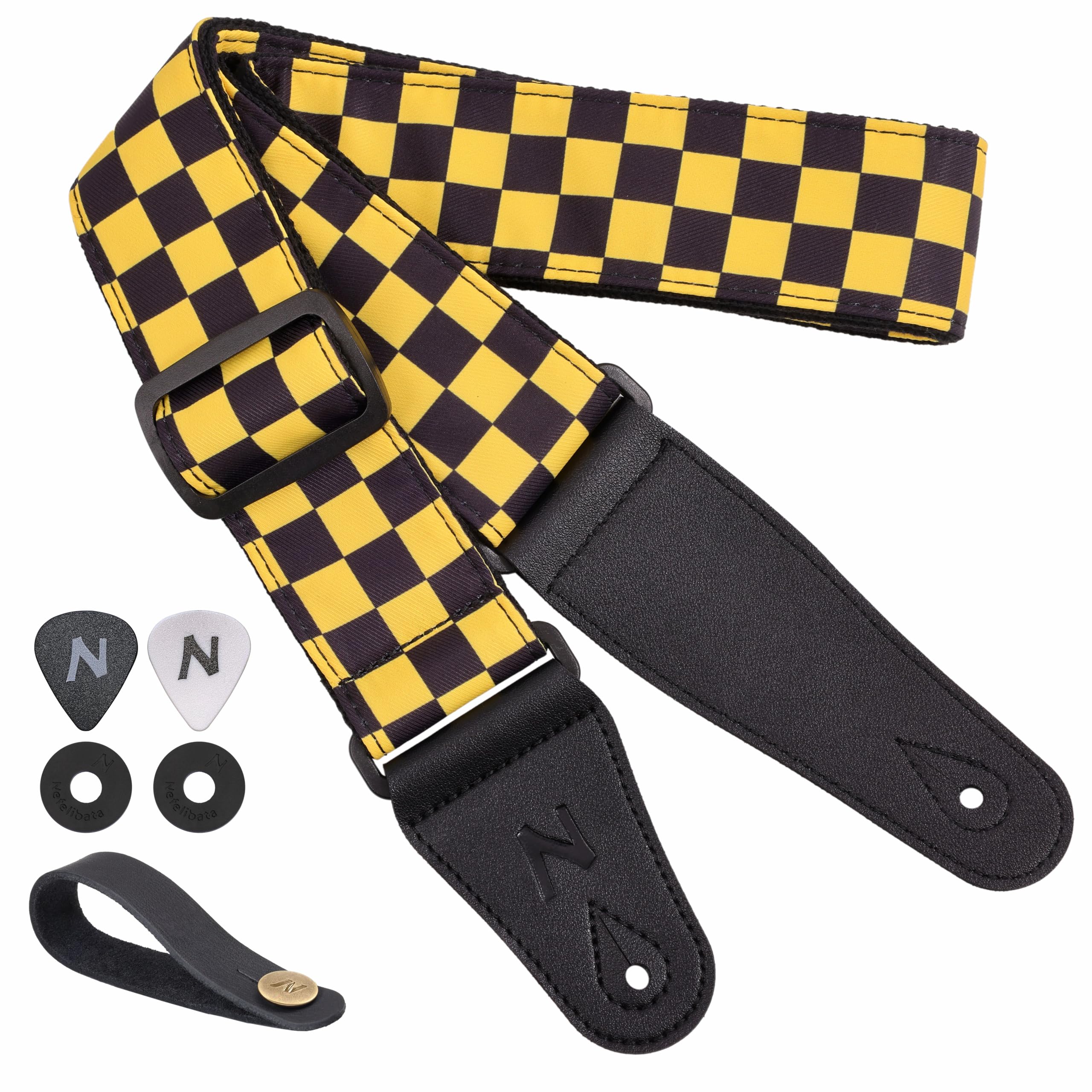 Photo 1 of Nefelibata Guitar Strap-2" Wide Double Layer Cotton Original Design Adjustable Guitar Straps with Long Leather Ends for Bass, Electric & Acoustic, Best Gifts for Kids,Guitarists(Yellow checkerboard)
