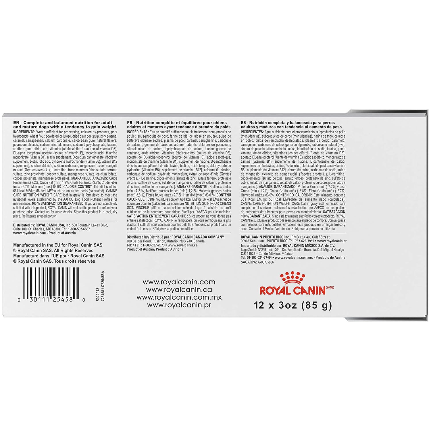 Pack Of 12 3 Ounce Pouch Royal Canin Canine Care Nutrition Weight Care Loaf In Gravy Dog Food Pouches Wet Femsa Com