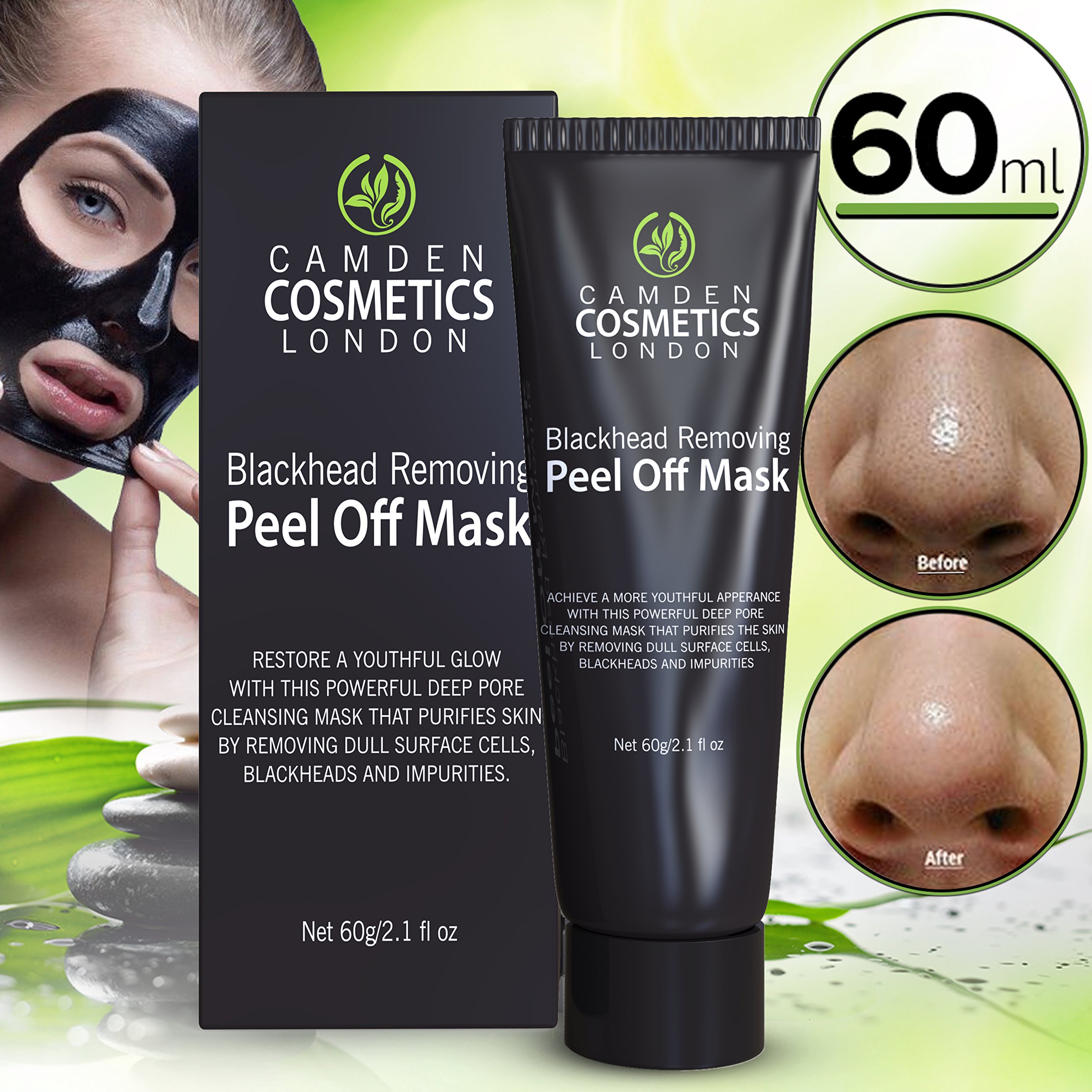 Blackhead Remover Mask - Peel Off Blackhead Mask By Camden Cosmetics - Natural Activated Charcoal Peel Off Black Mask - Deep Skin Blackhead Cleanser Purifying Mask To Remove Dull Cells, Blackheads & Impurities For Radiant Face - Blackhead E