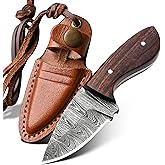 RISING CRAFTS 4.5" Damascus Small Neck Knife with sheath-Full Tang Knife necklace for Men Small Fixed Blade Knife for EDC, Camping, Outdoor, Skinning and Gift For Men