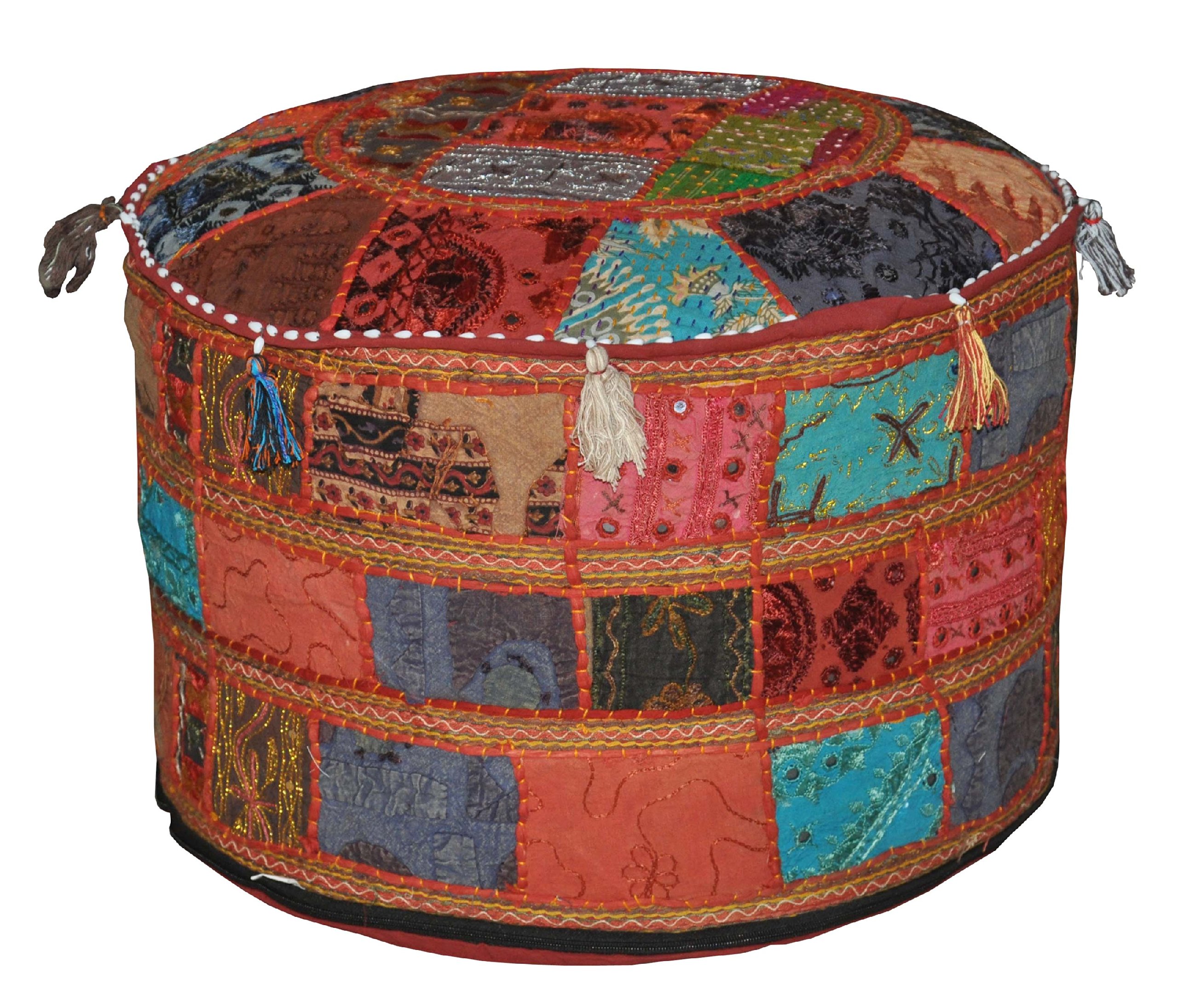 Marubhumi Indian Vintage Ottoman Embellished With Embroidery & Patchwork Foot Stool Floor Cushion, 58 X 33 Cm