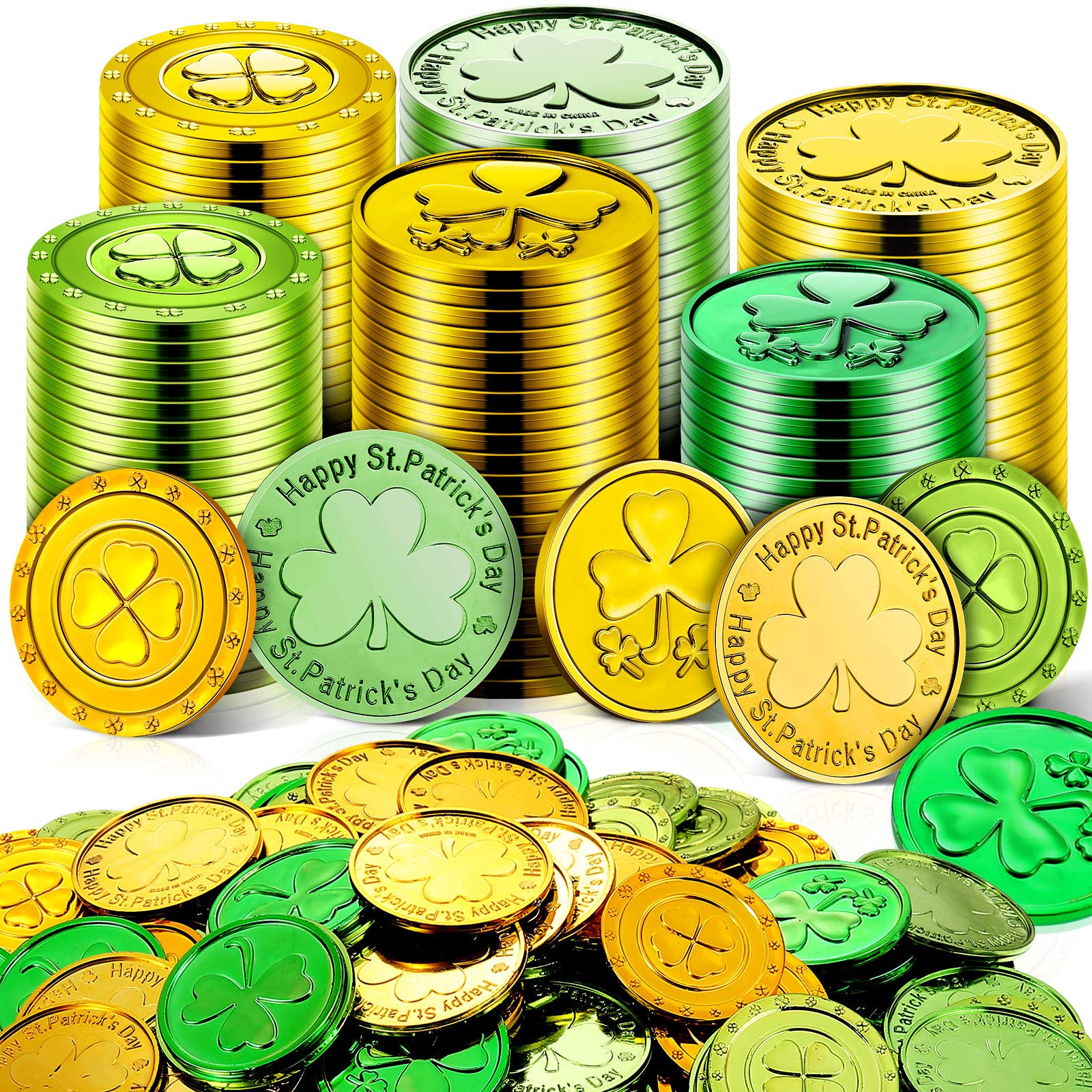 Sumind 260 Pieces St. Patrick's Day Shamrock Coins, 3-Leaf & 4 Leaf Clover Coins, Gold & Green Plastic, Ungraded, Uncertified/Seller Graded