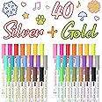 Shuttle Art 40 Pack Double Line Outline Permanent Markers, 20 Silver and 20 Gold Colors Squiggles Shimmer Markers Set, Self Outline Metallic Marker Pens for Drawing, Christmas Card, DIY Crafts