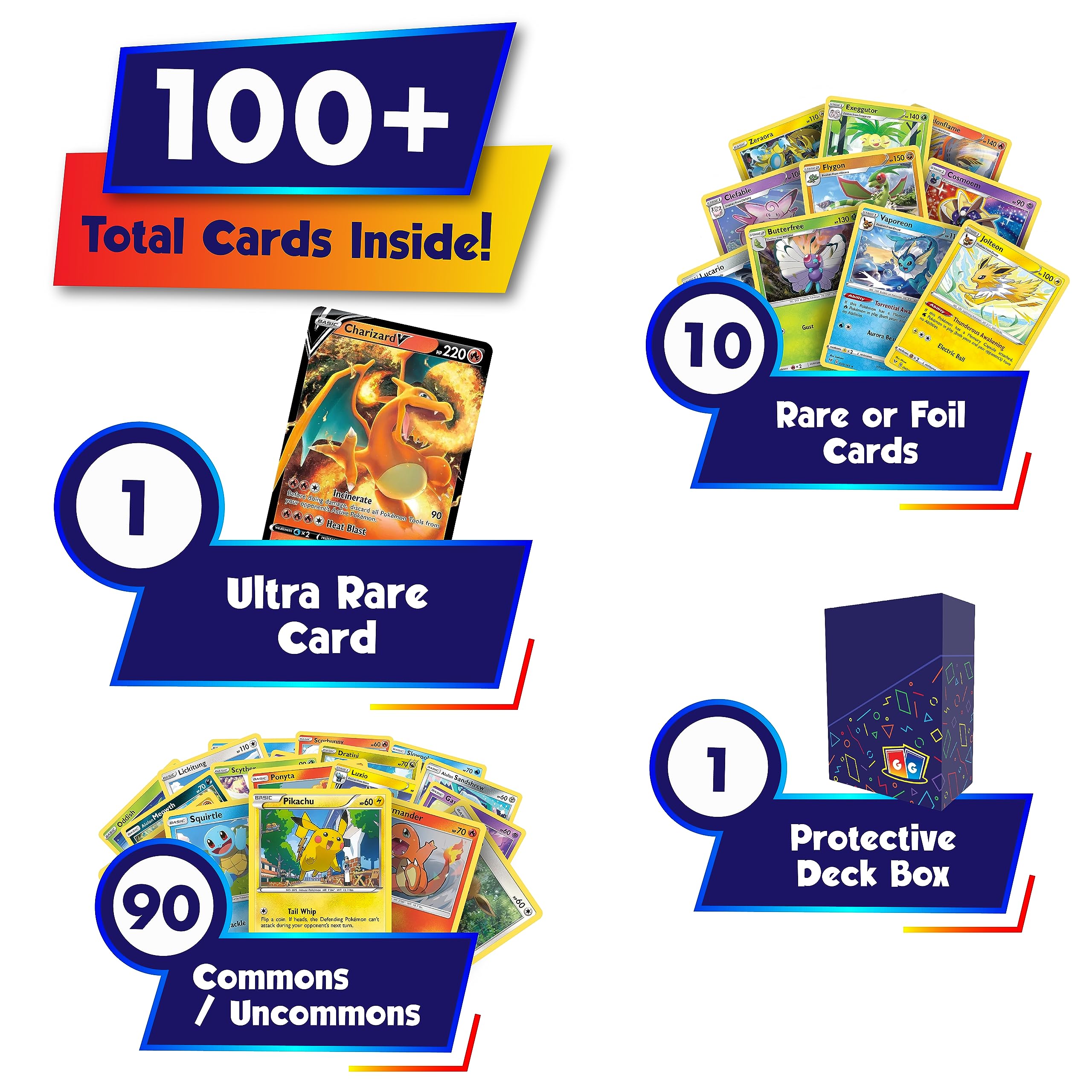 Ultra Rare Starter Bundle | 100+ Authentic Cards | 1x Ultra Rare Guaranteed | Legendary, VSTAR, VMAX, V, GX, or EX | Plus Bonus 10x Holos or Rares | GG Deck Box Compatible