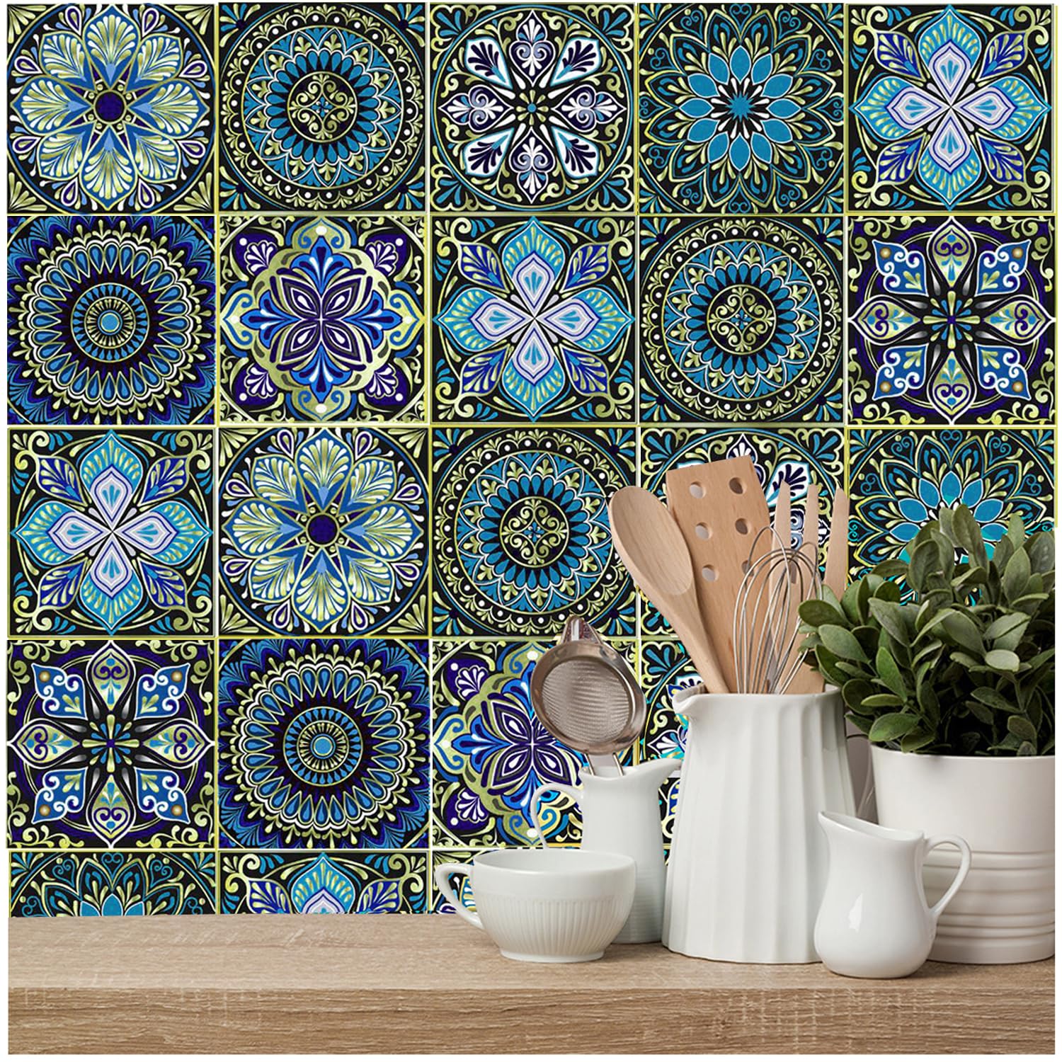 24pcs Moroccan Tile Stickers 15x15cm Blue Bathroom Tile Stickers for Kitchen Transfers Cover Stick On Wall Peel and Stick Tile Decals Waterproof 6"x6"