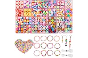 Pizooro 420PCS Polymer Clay Beads Bracelet Making Kit,28 Styles Cute Heart Fruit Mushrom Clay Beads Charms for Jewelry Necklace Earring Making,DIY Bracelet Making Accessories for Girls