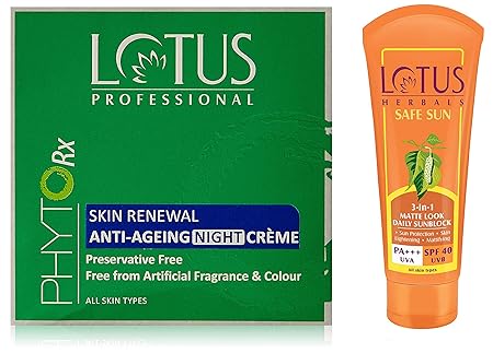 Lotus Professional Phyto Rx Skin Renewal Anti Ageing Night Cream, 50g and Lotus Herbals Safe Sun 3-In-1 Matte Look Daily Sunblock SPF-40, 50g