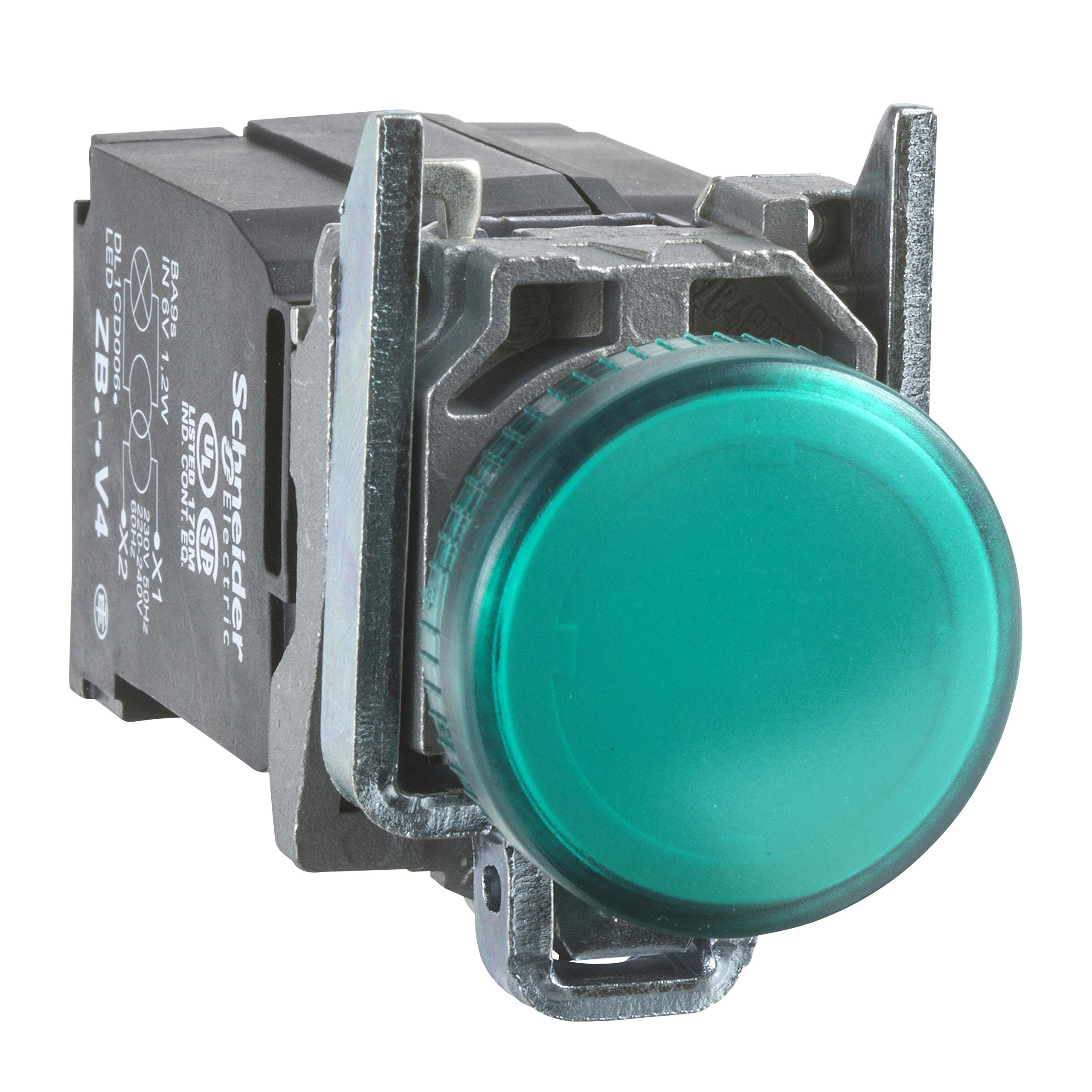 Schneider Electric Pilot light, Harmony XB4,metal, green, 22mm, universal LED, plain lens, 400V AC