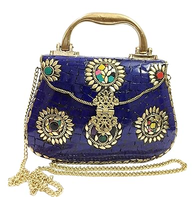 Blue Purse Ethnic Clutch metal bag metal clutch mosaic purse Vintage clutch Long chain bag Handle clutches Handmade Bag Brass metal purse