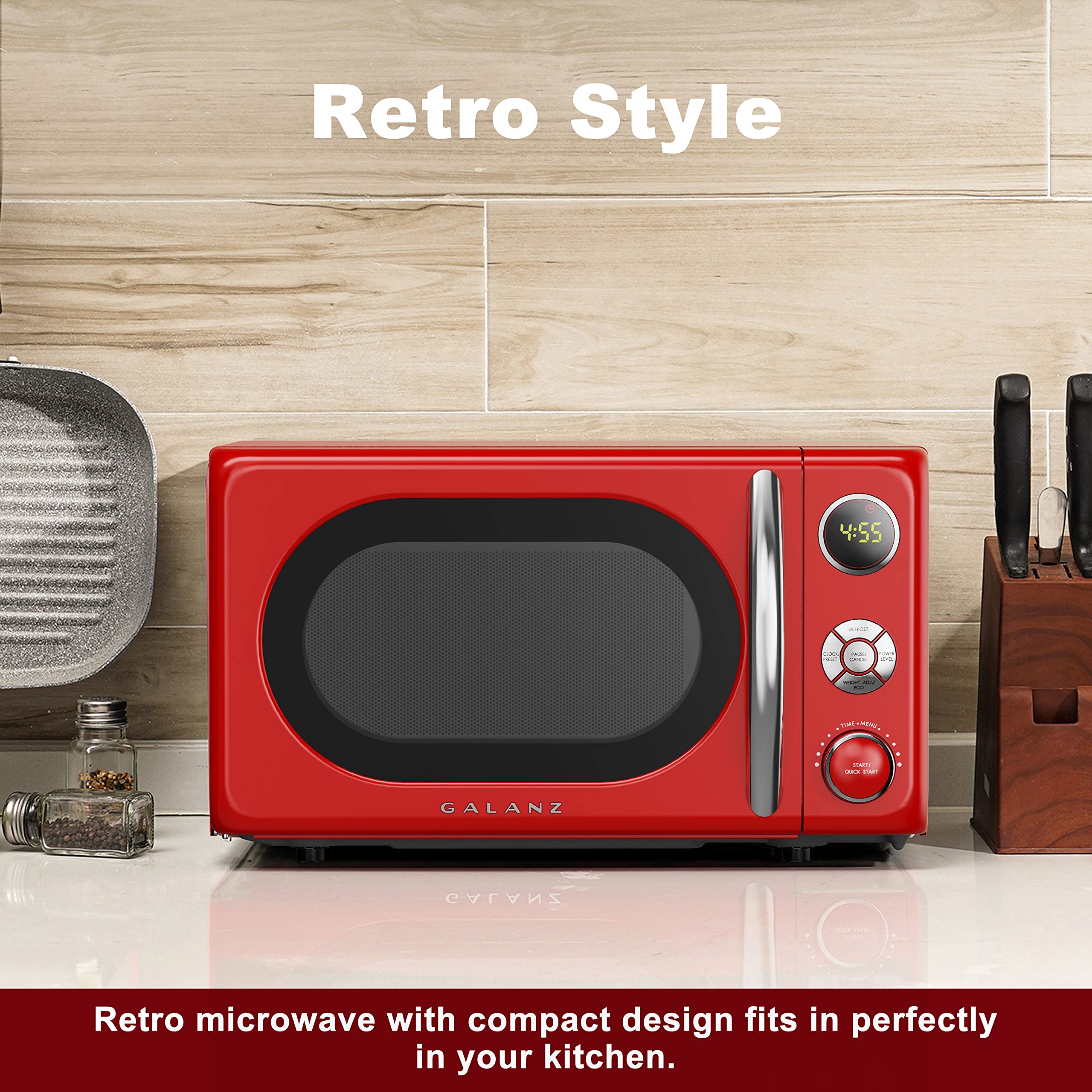 Galanz GLCMKA07RDR-07 Microwave Oven, LED Lighting, Pull Handle Design, Child Lock,Retro Red, 0.7 Cu.Ft