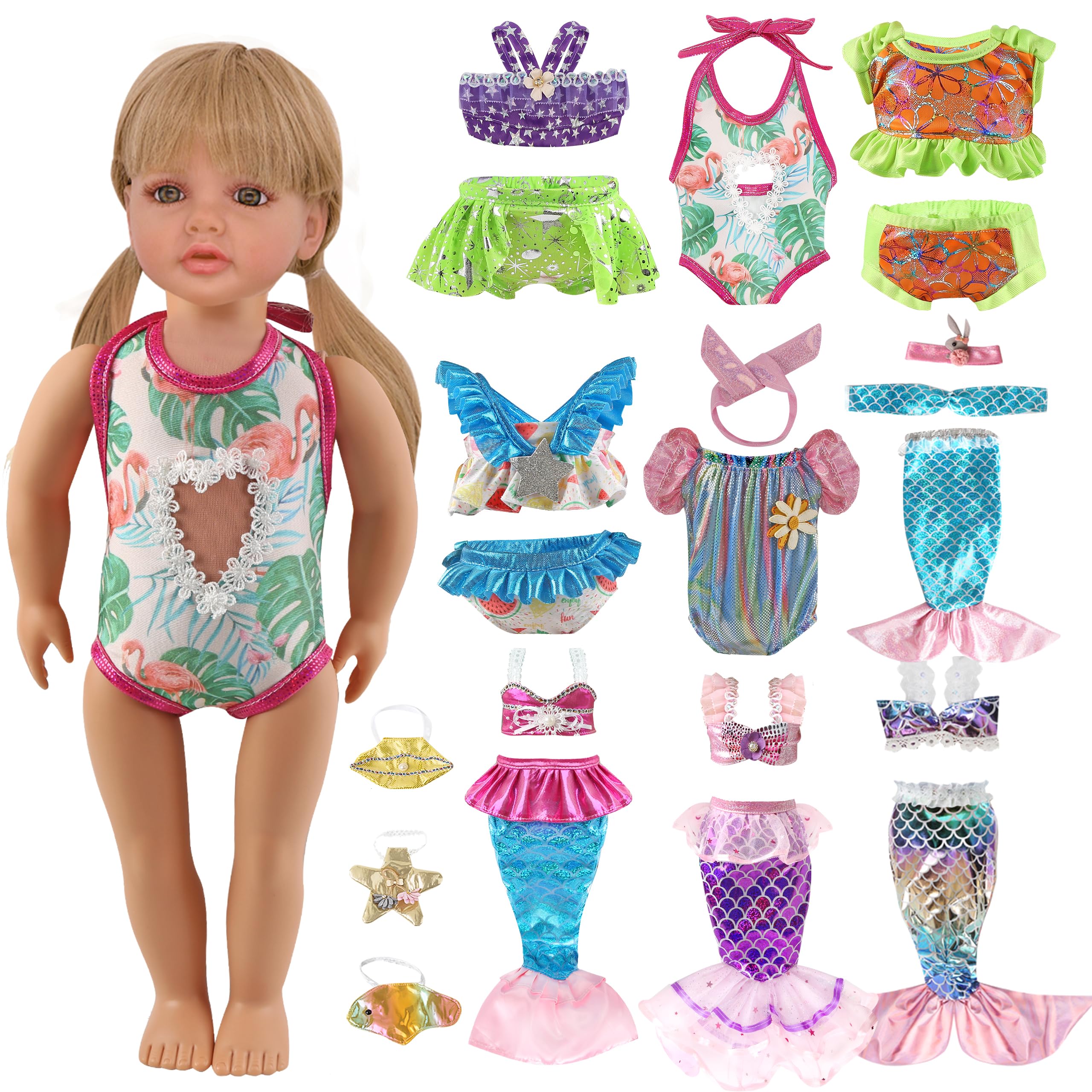 Photo 1 of 18 Inch Doll Swimwear Bundle (9 Sets) | Mermaid & Bikini Outfits with Hair Accessories | Summer Water Play Costumes & Party Gift for Girls Ages 3-8, Dress Up Kit