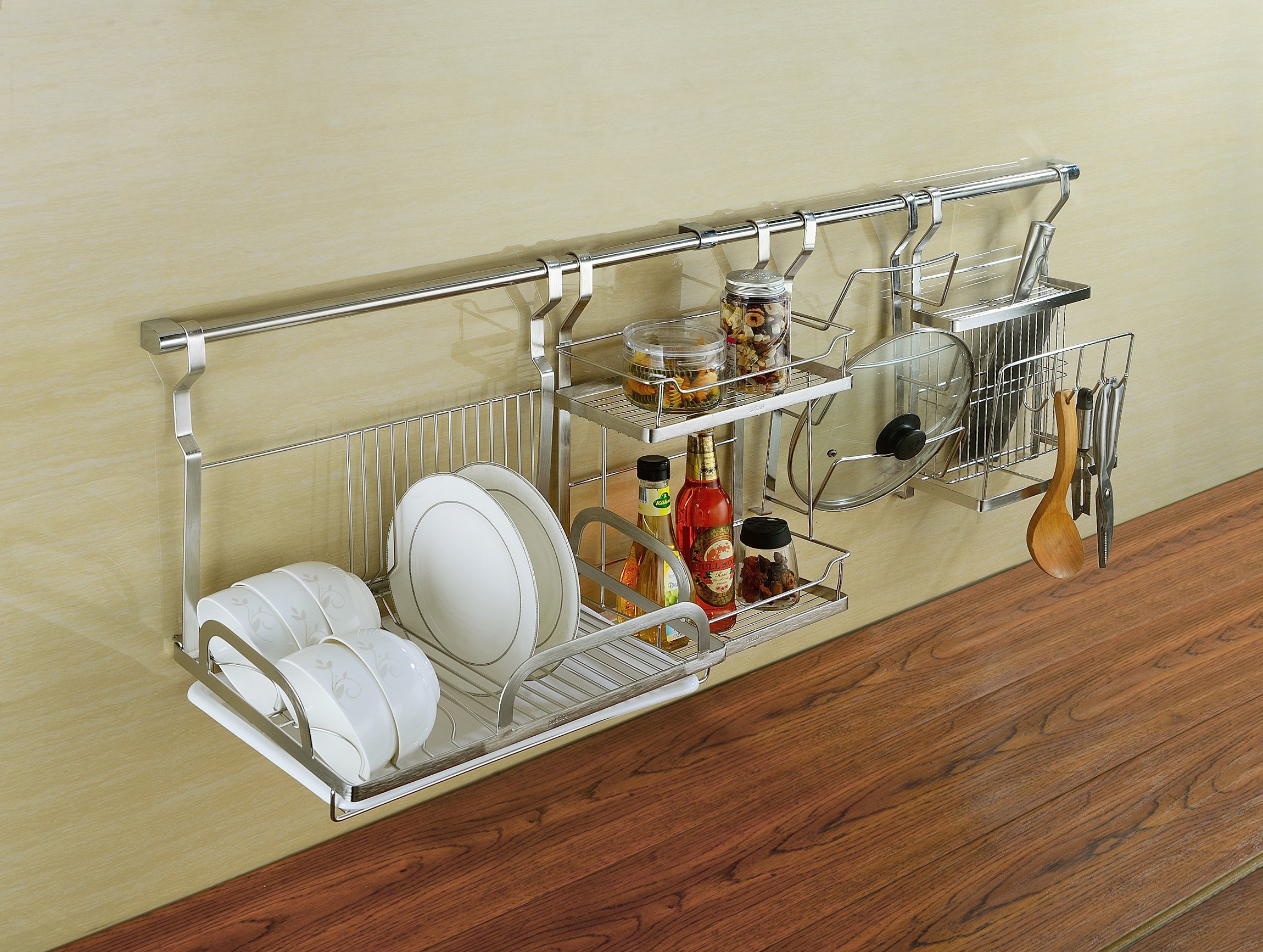 KuanGuang Kitchen Knife Holder Stainless Steel Wall Mounted Utensil Rack Organizer with 4 Hooks (Silver White)